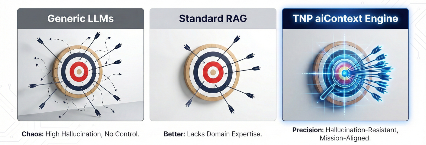TNP aiContext illustration: hallucination-resistant and mission-aligned curation vs. generic LLMs and Standard RAG